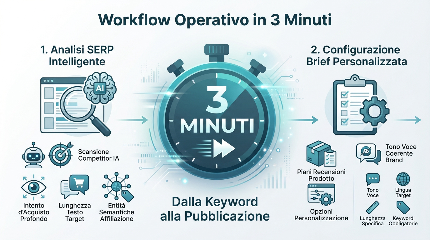 Schema del workflow operativo WiseWand per generare contenuti SEO in tre minuti