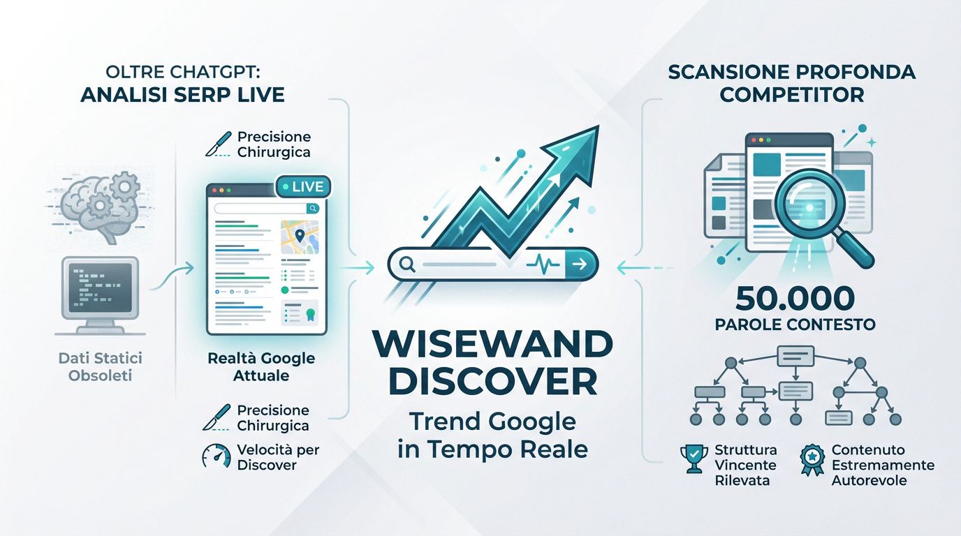 Interfaccia di Wisewand Discover per l'analisi della SERP in tempo reale e lo studio dei competitor